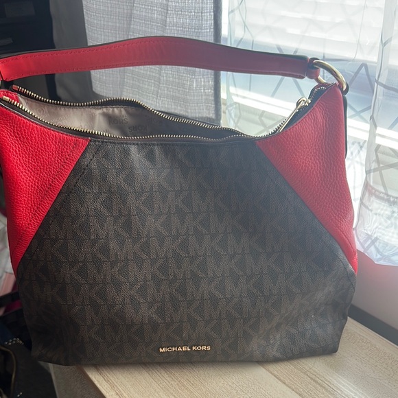 Michael Kors Red and Brown Hobo Bag with Signature Monogram - Picture 1 of 4